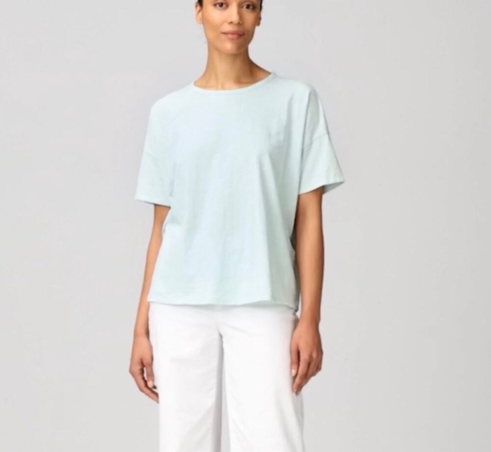 Eileen Fisher Light Blue Organic Cotton Slub Crewneck Short Sleeve Tee Sz L